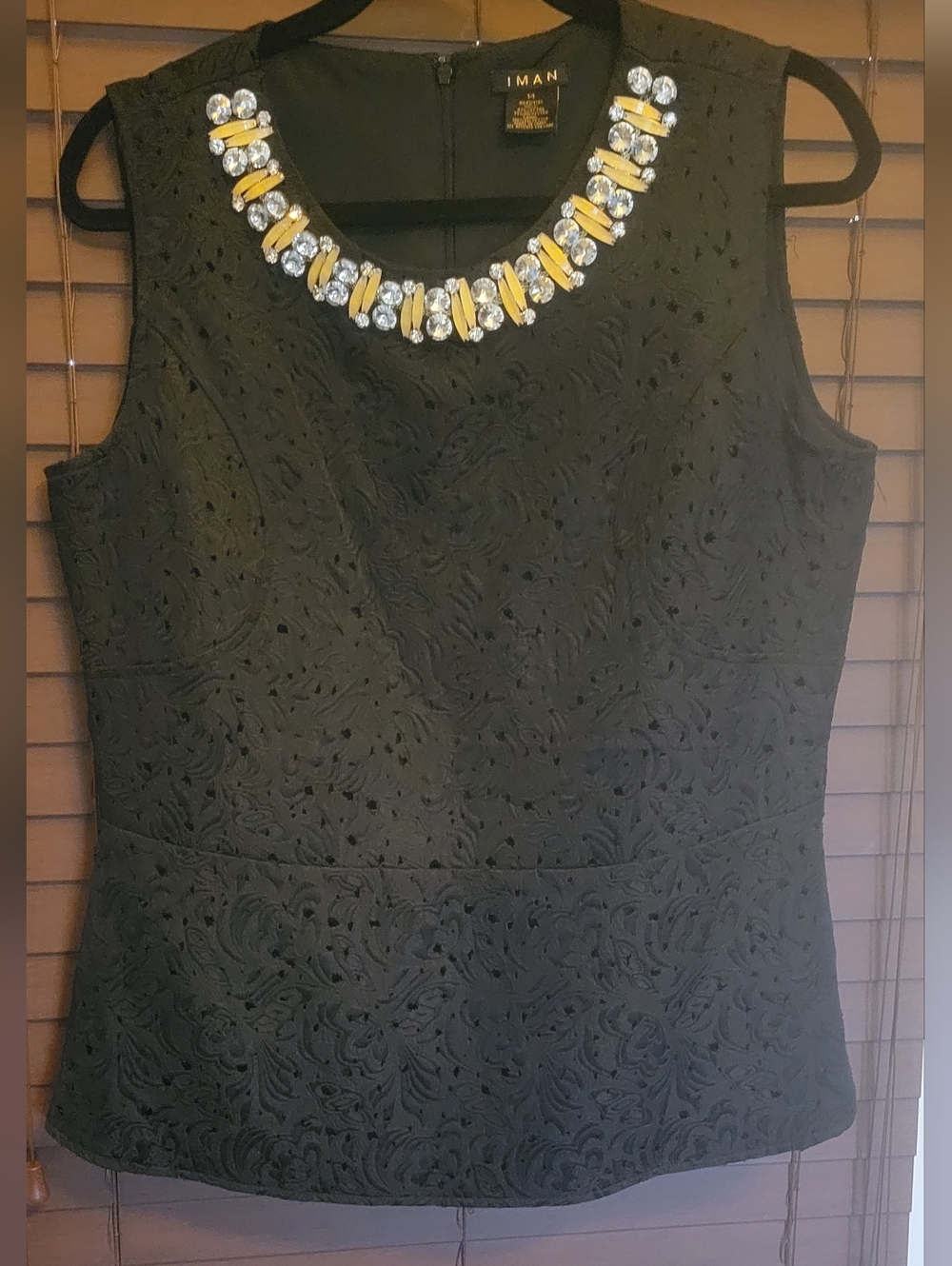 IMAN Black Cut Embroidered Jewel-Neck Sleeveless Tank